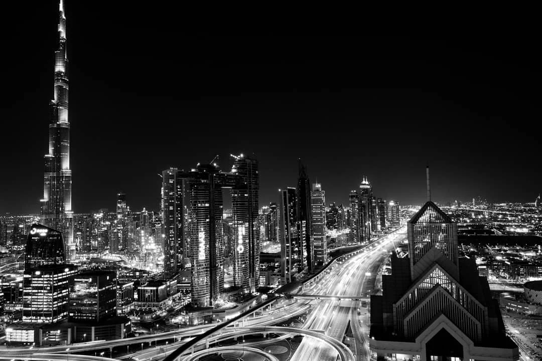 Dubai at night in black and white