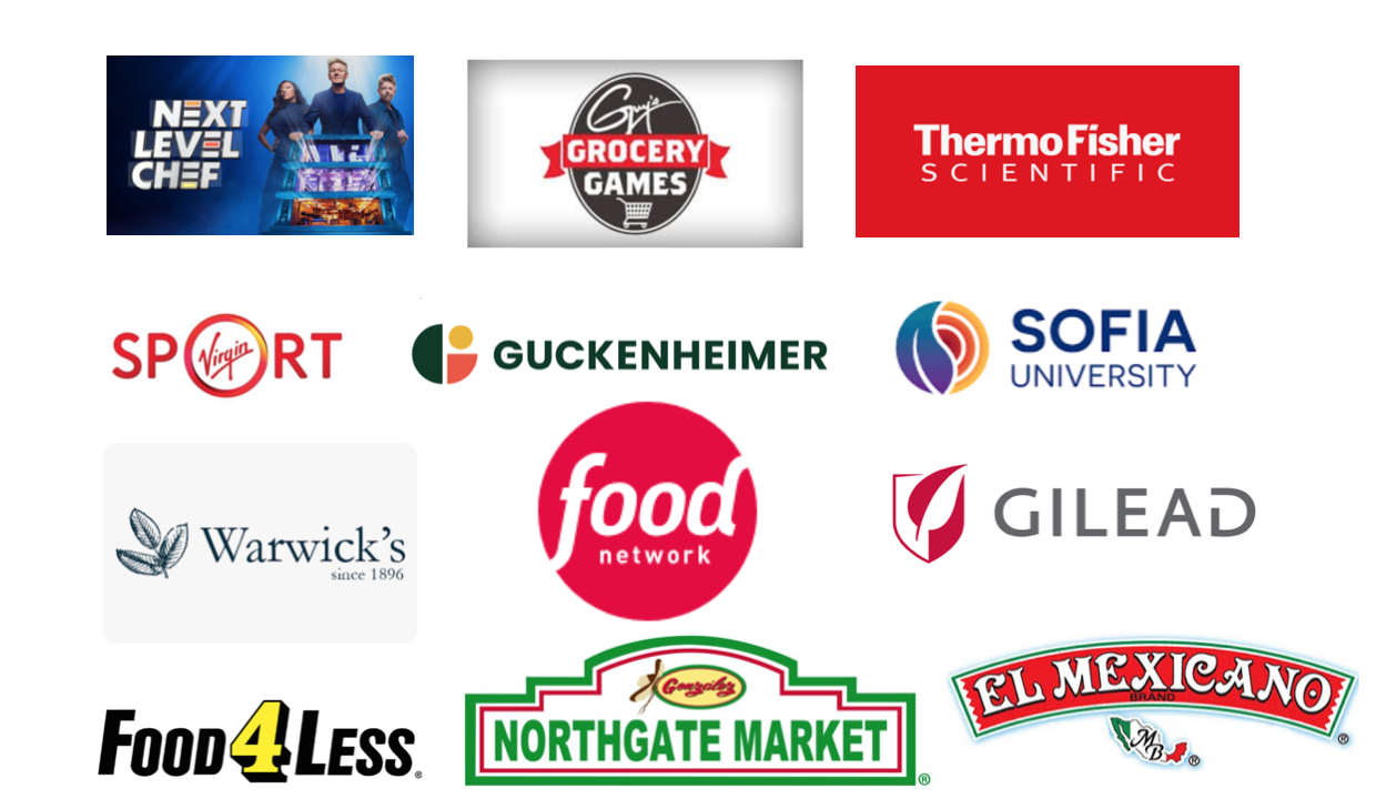Next Level Chef, Guy's Grocery Games, ThermoFisher Scientific, Virgin Sport, Guckenheimer, Sofia University, Warwick's, Food Network, Gilead, Food4Less, Northgage Market, El Mexicano Logs