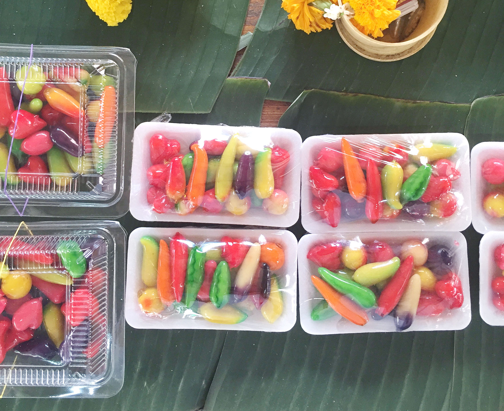 Fruit and vegetable shaped little desserts called Luk Chup.
