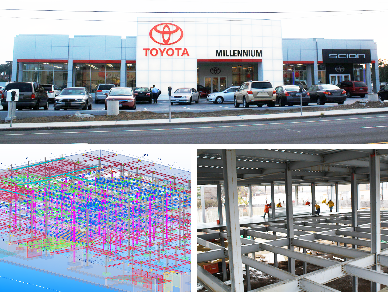   MILLENIUM TOYOTA  The three story showroom structure included an underground level (service area) footprint of over 100,000 square feet with multiple access ramps and car wash area. &nbsp;The shop drawing preparation included sequencing and phasing