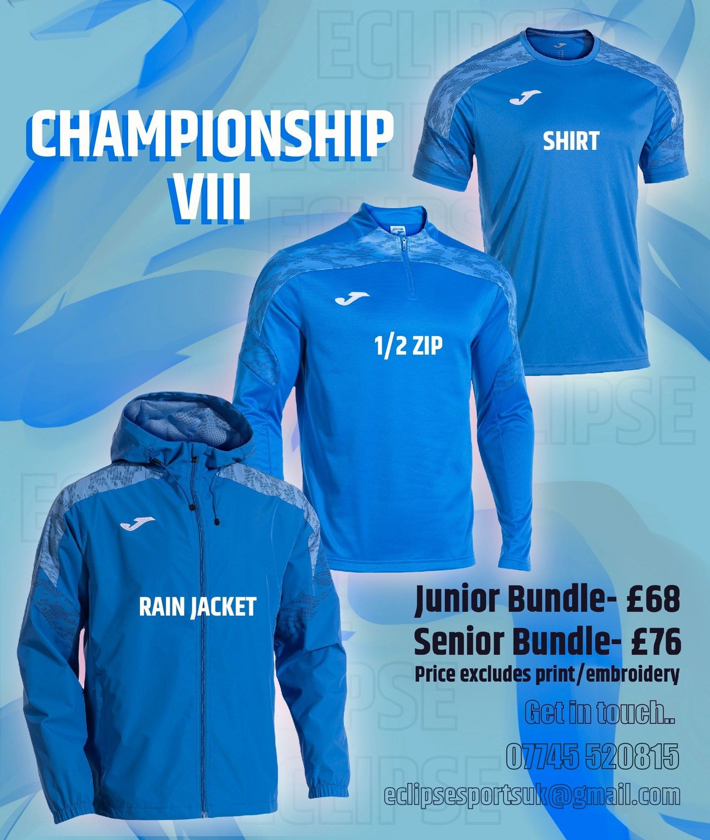 Made for Matching.. the Championship VIII range!

Personalise with your club badge, sponsor, initials, numbers!

#championshipVIII #joma #eclipsesports