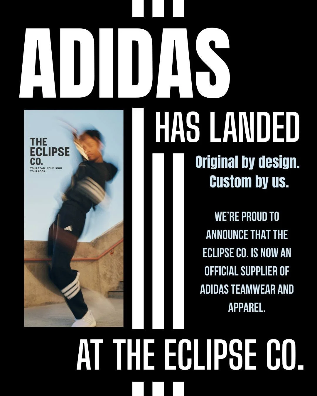 Adidas has landed at The Eclipse Co. 😍

We are excited to officially announce that The Eclipse Co. can now supply adidas teamwear &amp; apparel!!

From grassroots clubs to elite teams, adidas brings world-class quality, performance and iconic style-