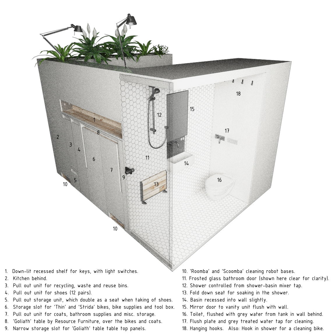 Isometric view of the entrance and bathroom sides