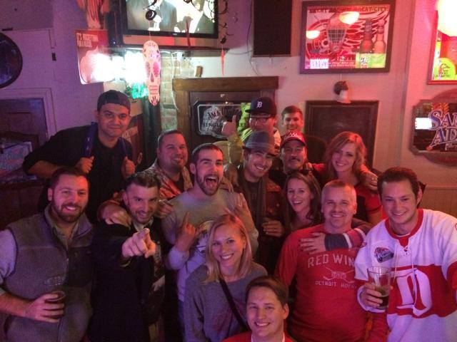Some post-game fun celebrating a Detroit Red Wings win at The Detroiter in 2014.