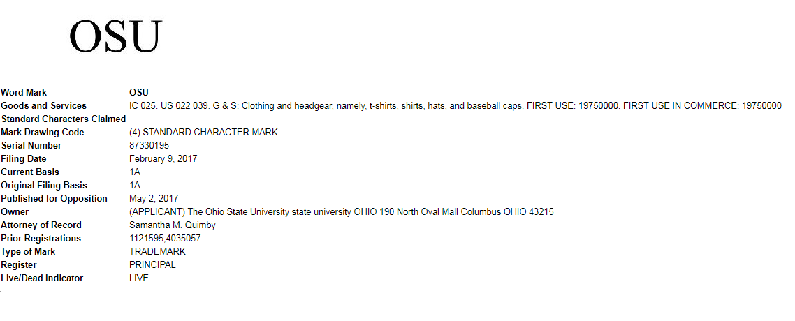 Image of the Trademark Electronic Search System (TESS) result, see http://tmsearch.uspto.gov/bin/gate.exe?f=tess&state=4807:h49qrl.1.1