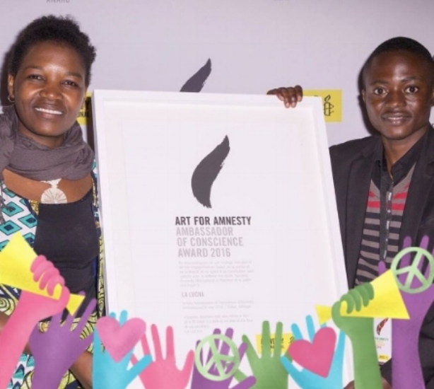 Micheline Mwendike receives the 2016 Ambassador of Conscience Award on behalf of LUCHA.
