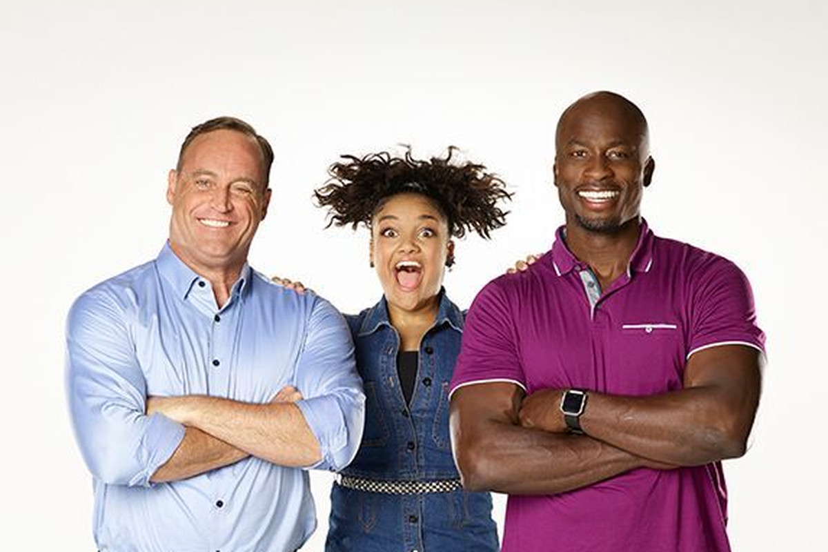 Laurie Hernandez, middle, co-hosts ANW Junior with Matt Iseman, and Akbar Gbaja-Biamila Courtesy of "American Ninja Warrior ...