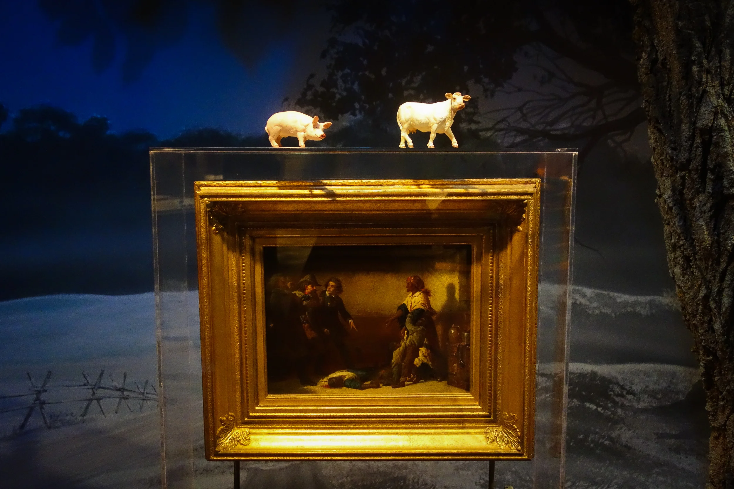 MR. PIG AND MRS. COW ESCAPING OVER AN OLD PAINTING OF A DEAD NEGRO RUNAWAY SLAVE 2013