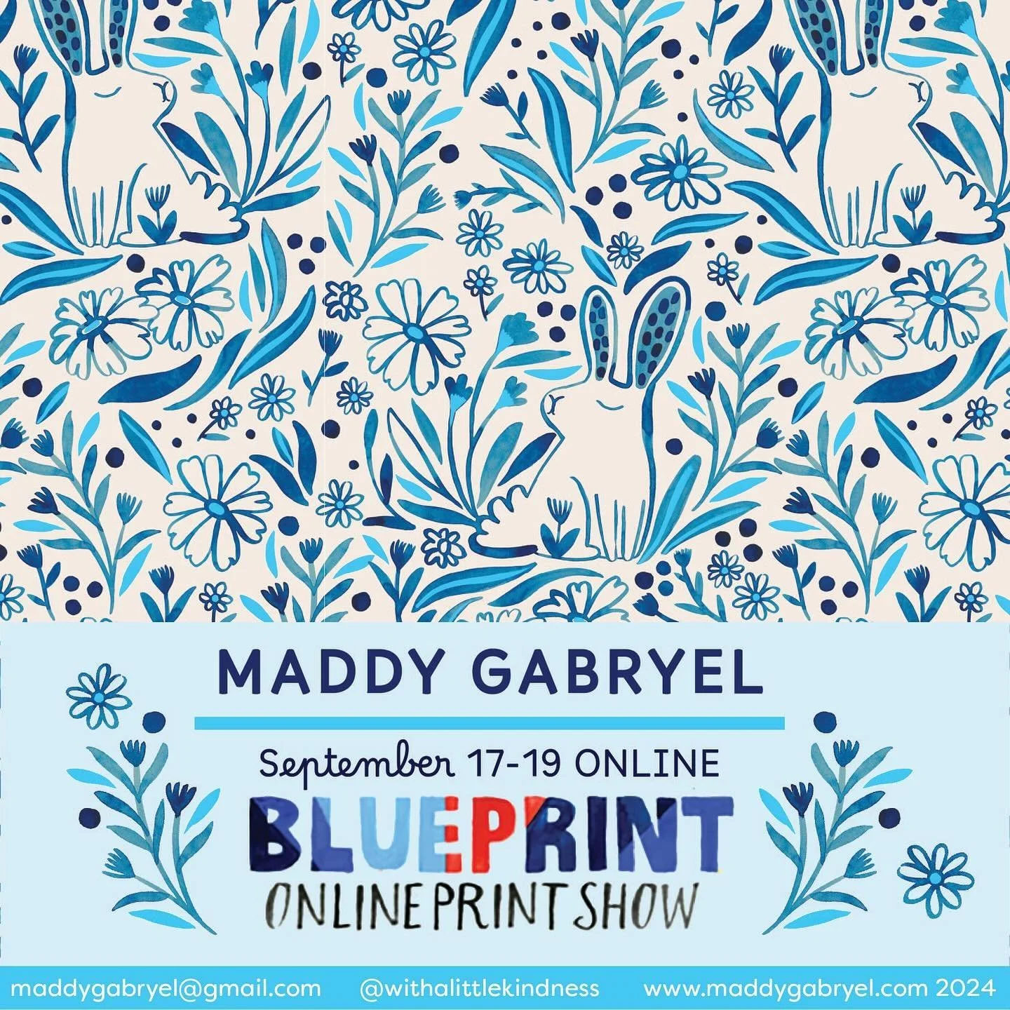 It&rsquo;s always fun to mix together flowers, leaves and bunny creatures to make fun patterns like this! 💙🩵

If you are an art director or buyer- pls visit blueprintonline.com to book a viewing of the new artwork I have available! Bookings open ne