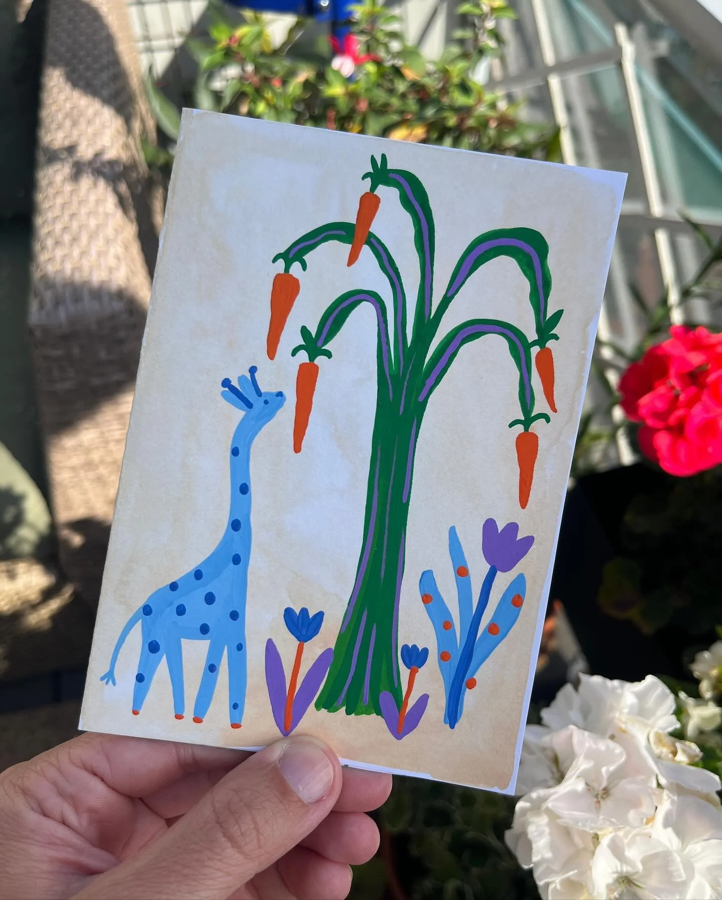 Some painted cards 🙃

#painting #handmade #paintedcards #snailmail 
#notecard 

1. Giraffe + carrot tree (my imagination) 

2. Colorful houses (Skan&ouml;r, Sweden)