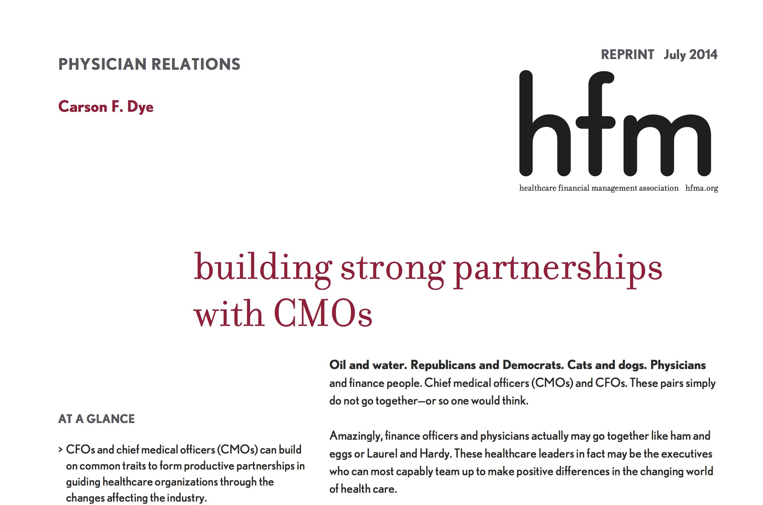 hfm reprint July 2014 - building strong partnerships with CMOs