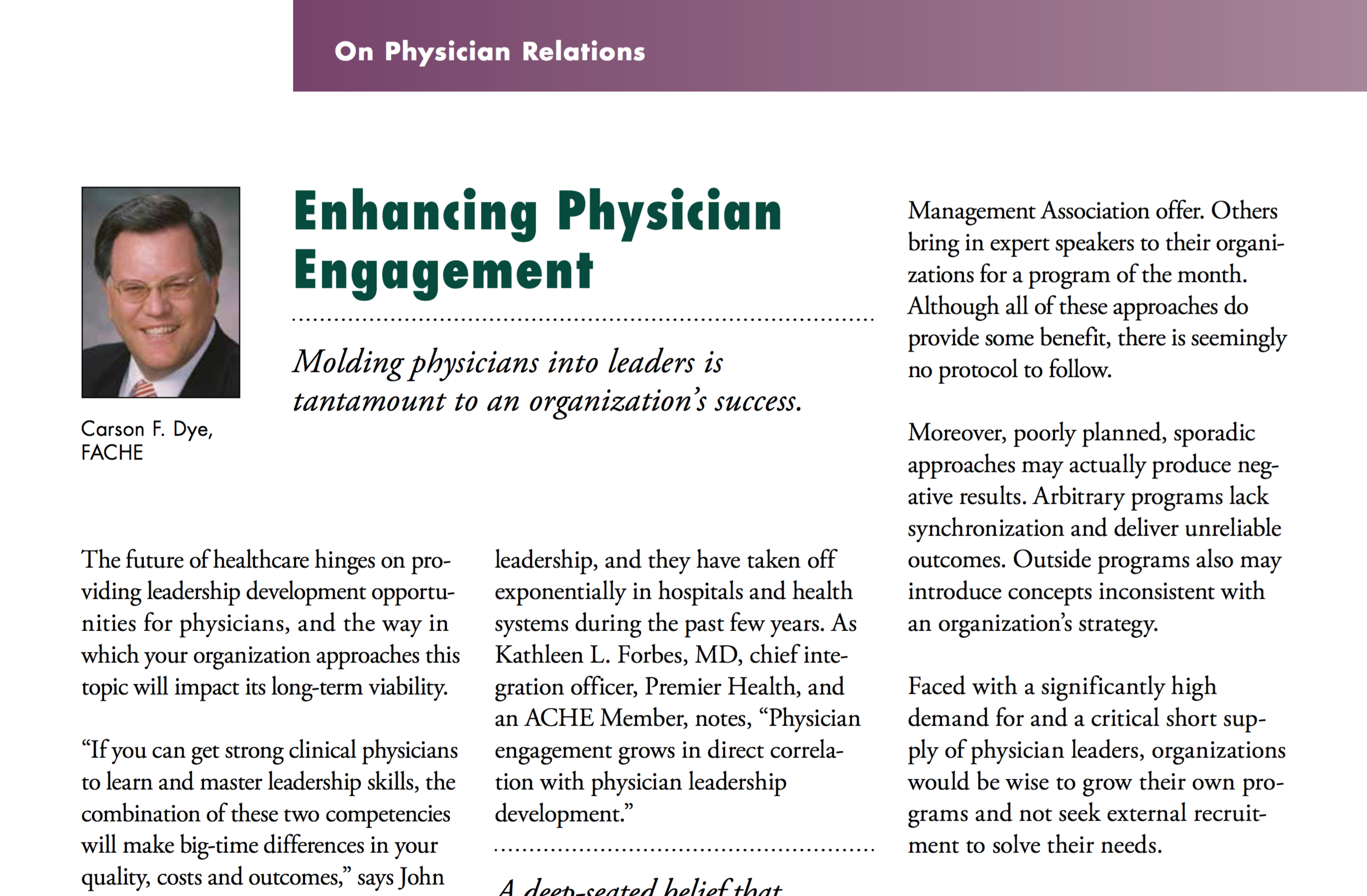 Healthcare Executive reprint Jan/Feb 2016 - Enhancing Physician Engagement