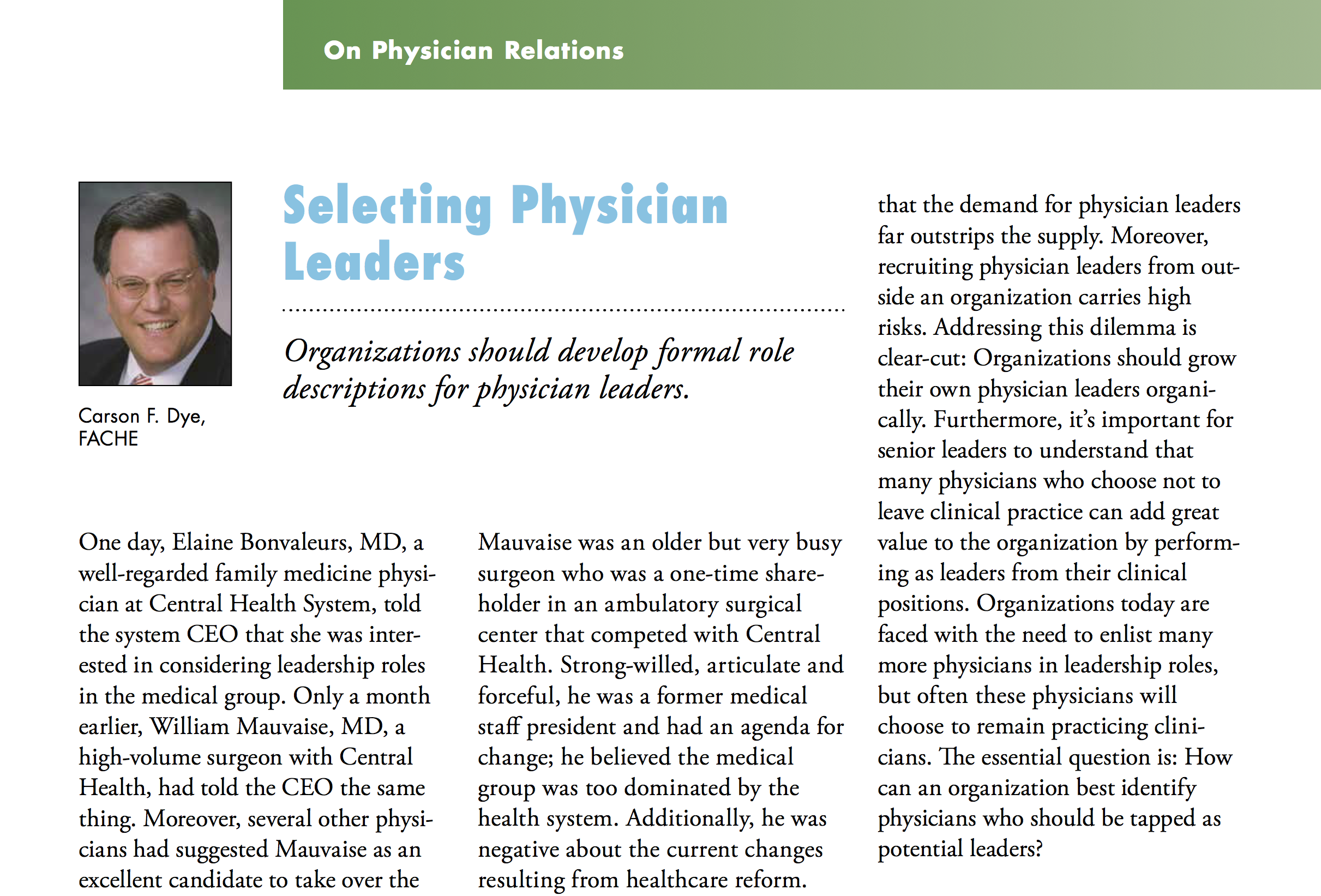 Healthcare Executive SEPT/OCT 2016 - Selecting Physician Leaders