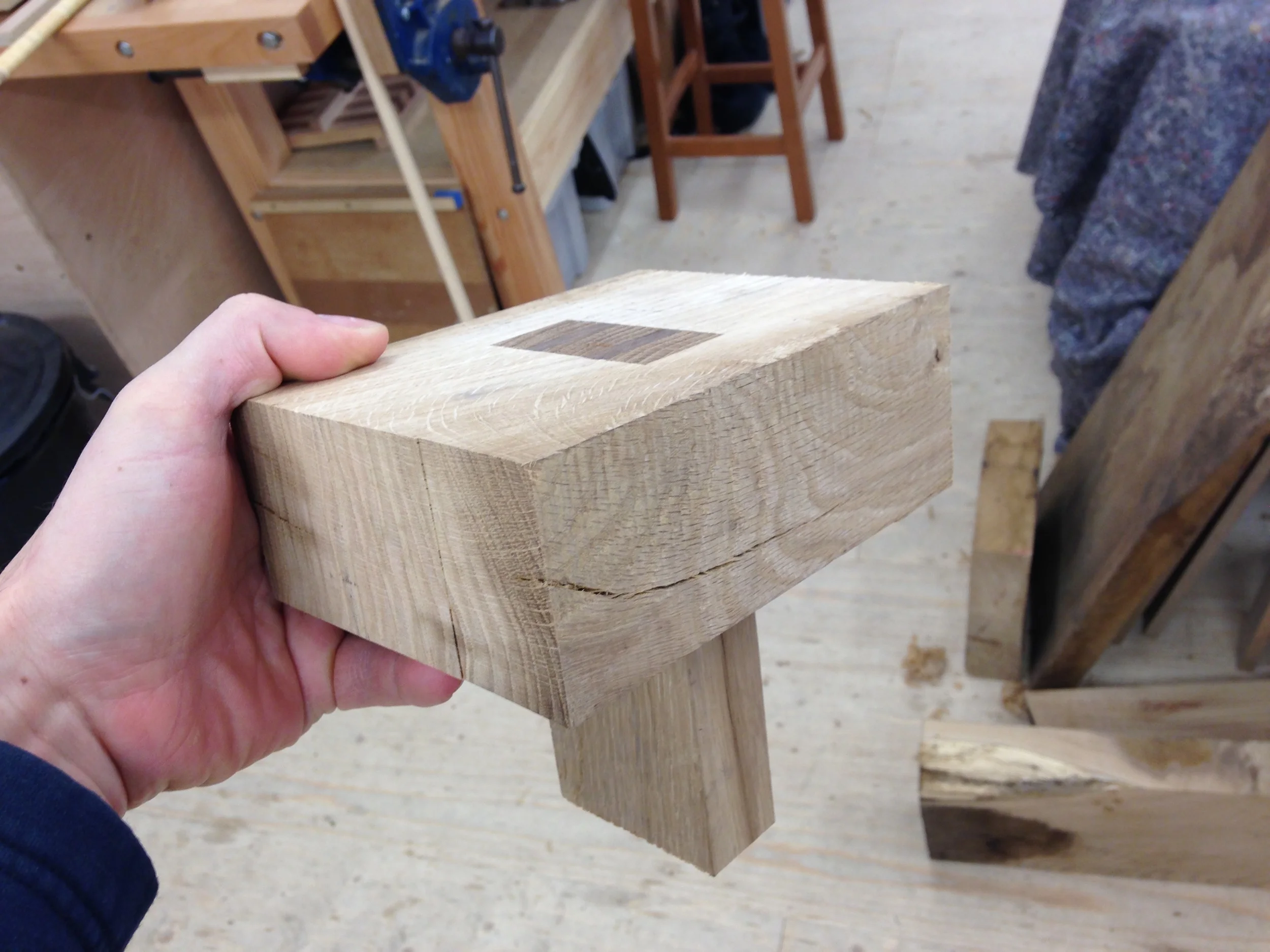 A test joint for the table top. The idea was to have a table built entirely from wood with no help from any metal screws or nails. The need for strength whilst still allowing for the wood to move with changes in the weather presented some interesting challenges. 