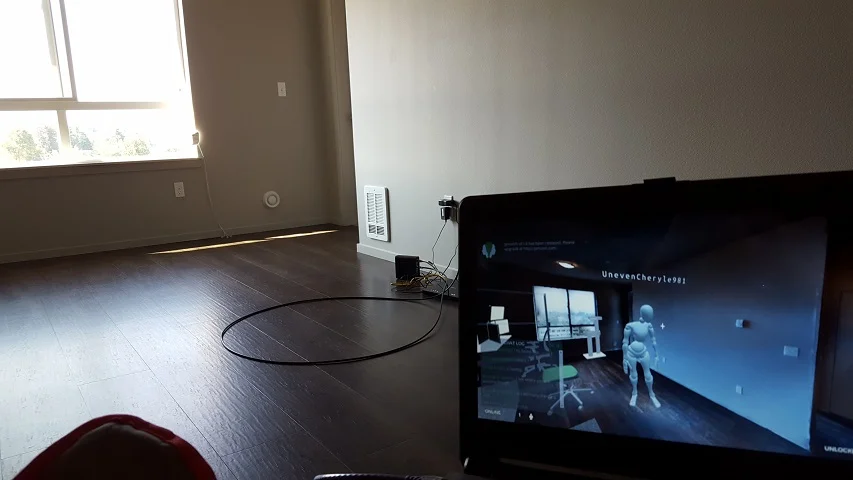 Soon after getting internet service established during our first visit to the apartment, I decided to hop into JanusVR via my travel laptop. Soon after positioning myself to coincide with the virtual apartment, someone followed me in! You can see the implications of this for Augmented Reality/Mixed Reality on the horizon.
