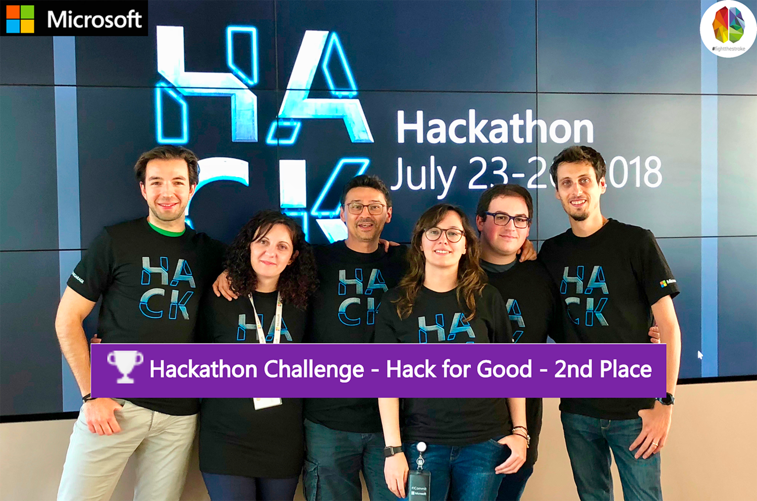 Il Team Microsoft che ha partecipato all’Hackathon2018 (da sinistra): Alessandro Bigi, Veziona Ekonomi, Roberto D’Angelo (FightTheStroke co-founder), Jessica Tibaldi, Antonio Maggio, Matteo Pagani. Più, non nella foto: Elena Terenzi e Ricardo Wagner.