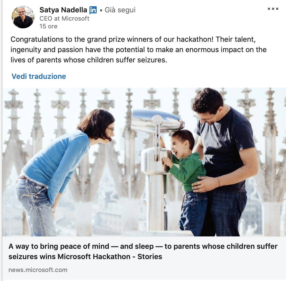 Satya Nadella, CEO di Microsoft, annuncia il Grand Prize Winner del Microsoft Hackathon 2019
