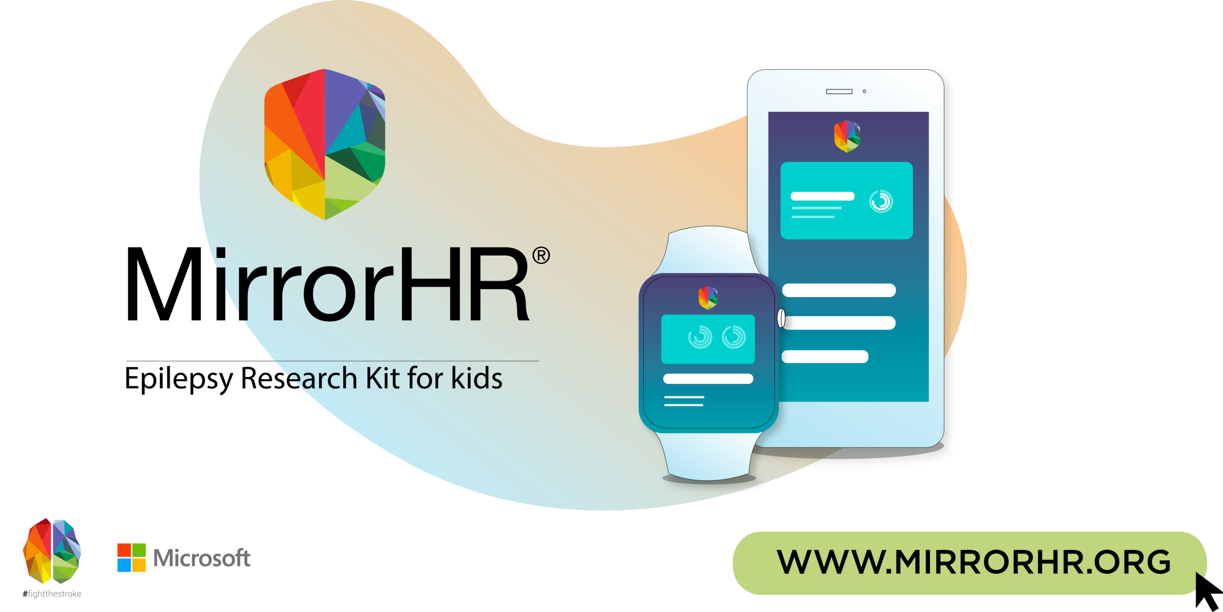 Descrizione: Illustrazione stilizzata della soluzione MirrorHR in esecuzione su un telefono e un orologio intelligente con i loghi MirrorHR, #fightthestroke, Microsoft e il link al sito www.mirrorhr.org