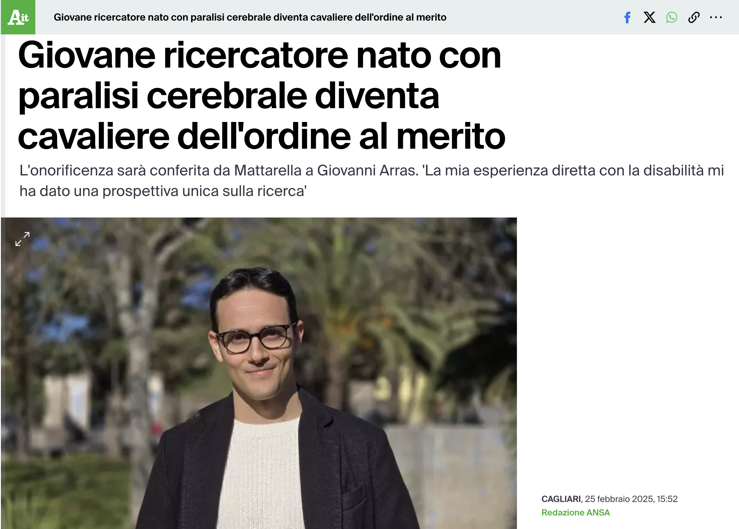 Ansa: Giovane ricercatore nato con paralisi cerebrale diventa cavaliere dell'ordine al merito