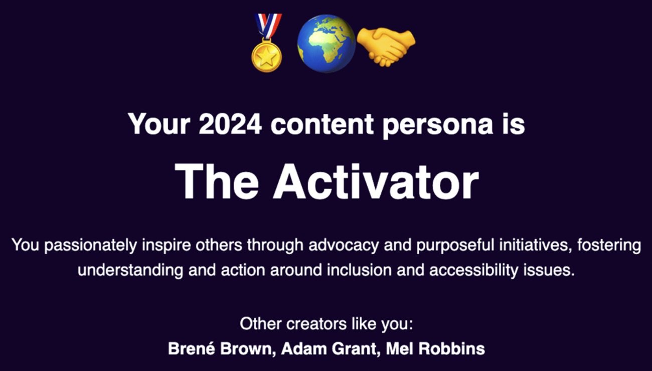 Your 2024 content persona is: The Activator. Your passionately inspire other through advocacy and purposeful initiatives.