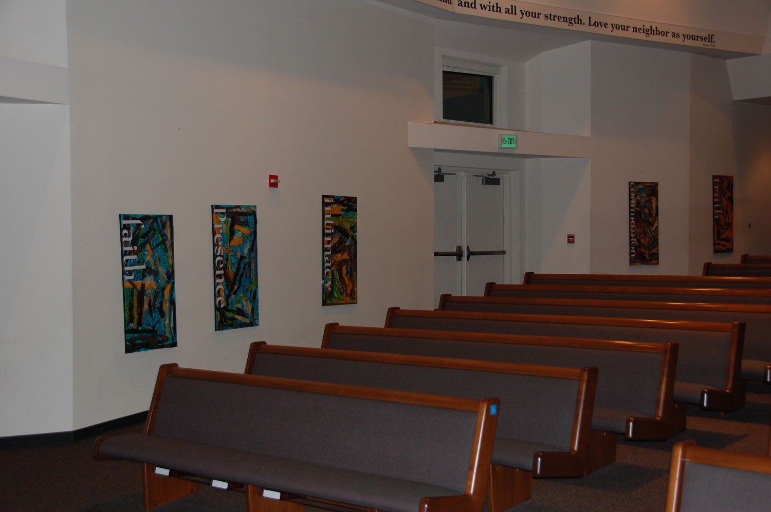 Canvases after my little team of artists had afixed all papers with permanent adhesive (being careful to leave each paper where it had been positioned), added colored tissue paper and white key words from the sermon.