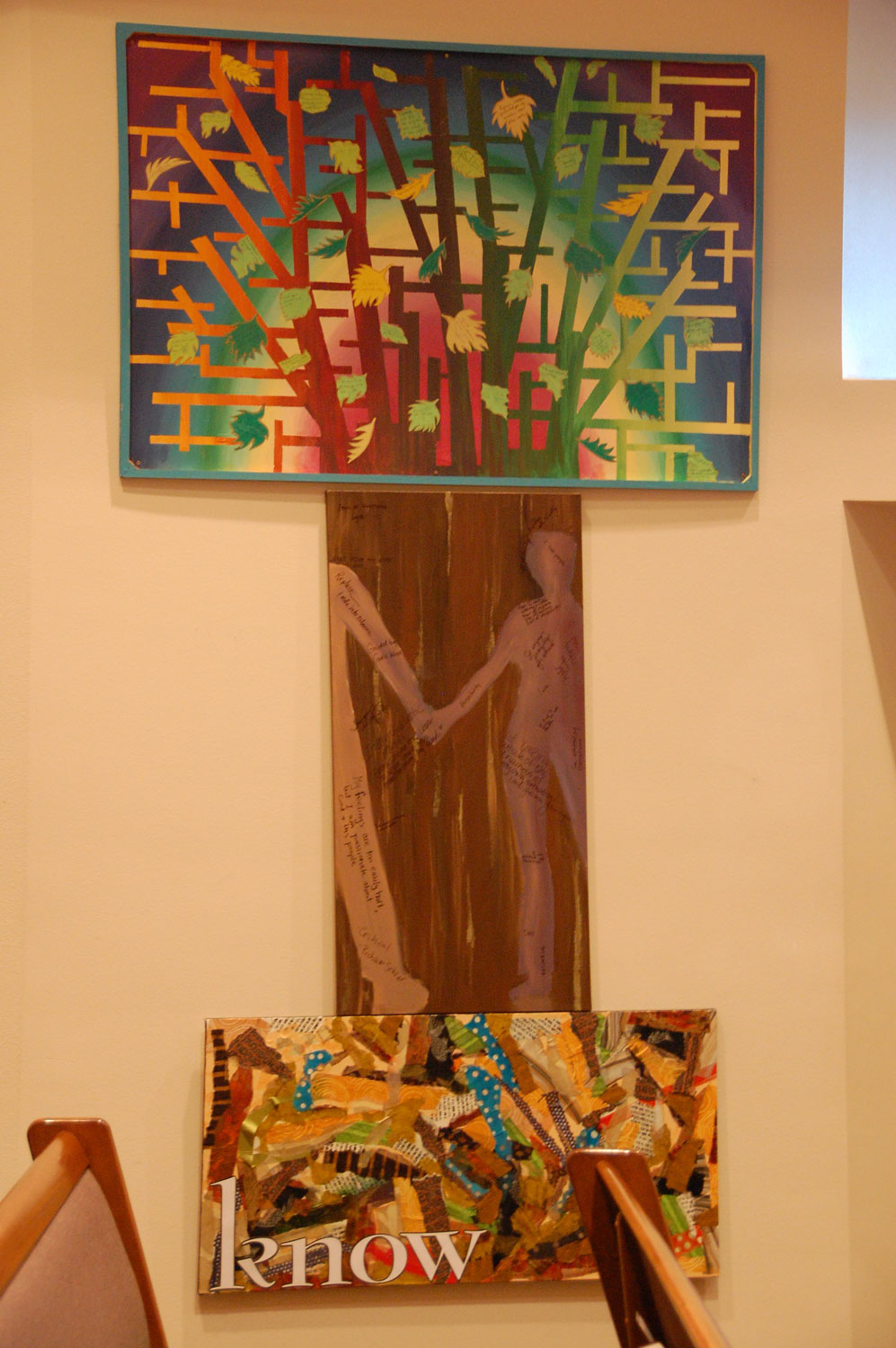 Kathryn Boettcher's colorful tree top with a trunk from the Love sermon and a Faith collage turned horizontally.