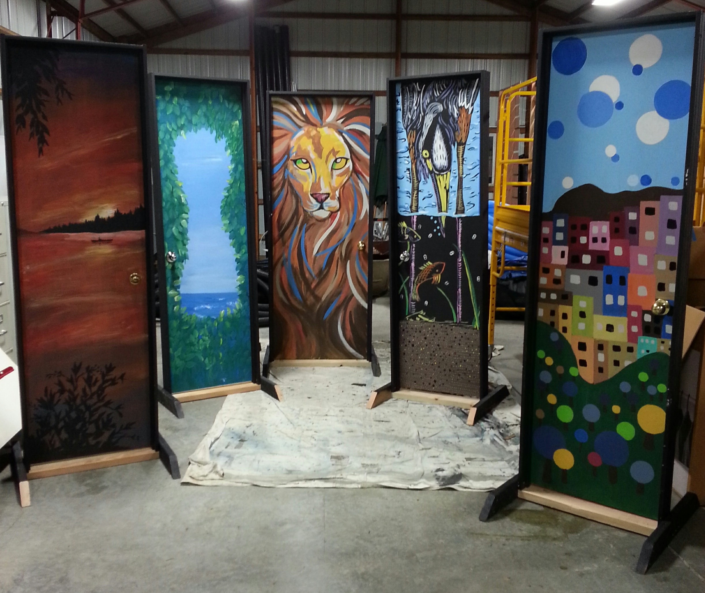 Here are the five doors. These are the beautiful sides, the other sides were painted solid black. Many thanks to my amazing crew: Veronica Lake, Constance Lee Adams, Kathy Berry, Sue Epps, Gaby Viesca, and Quynh Nguyen . There is something quite wonderful about painting with friends.