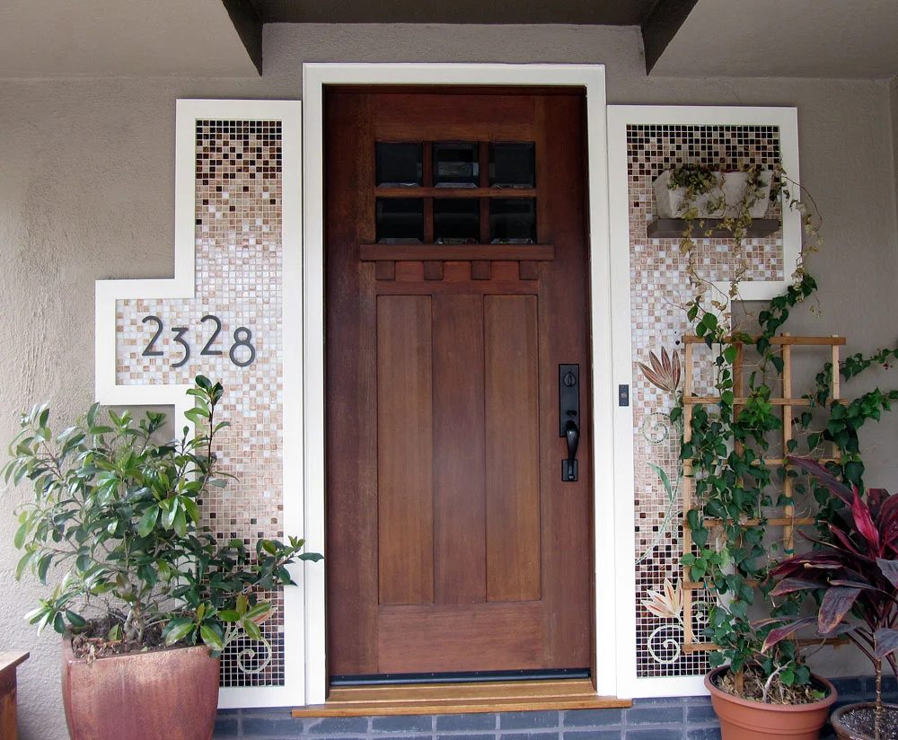 Custom residential installation in Berkeley, California. Created with stained glass and vitreous glass tile, it is 18 square feet.