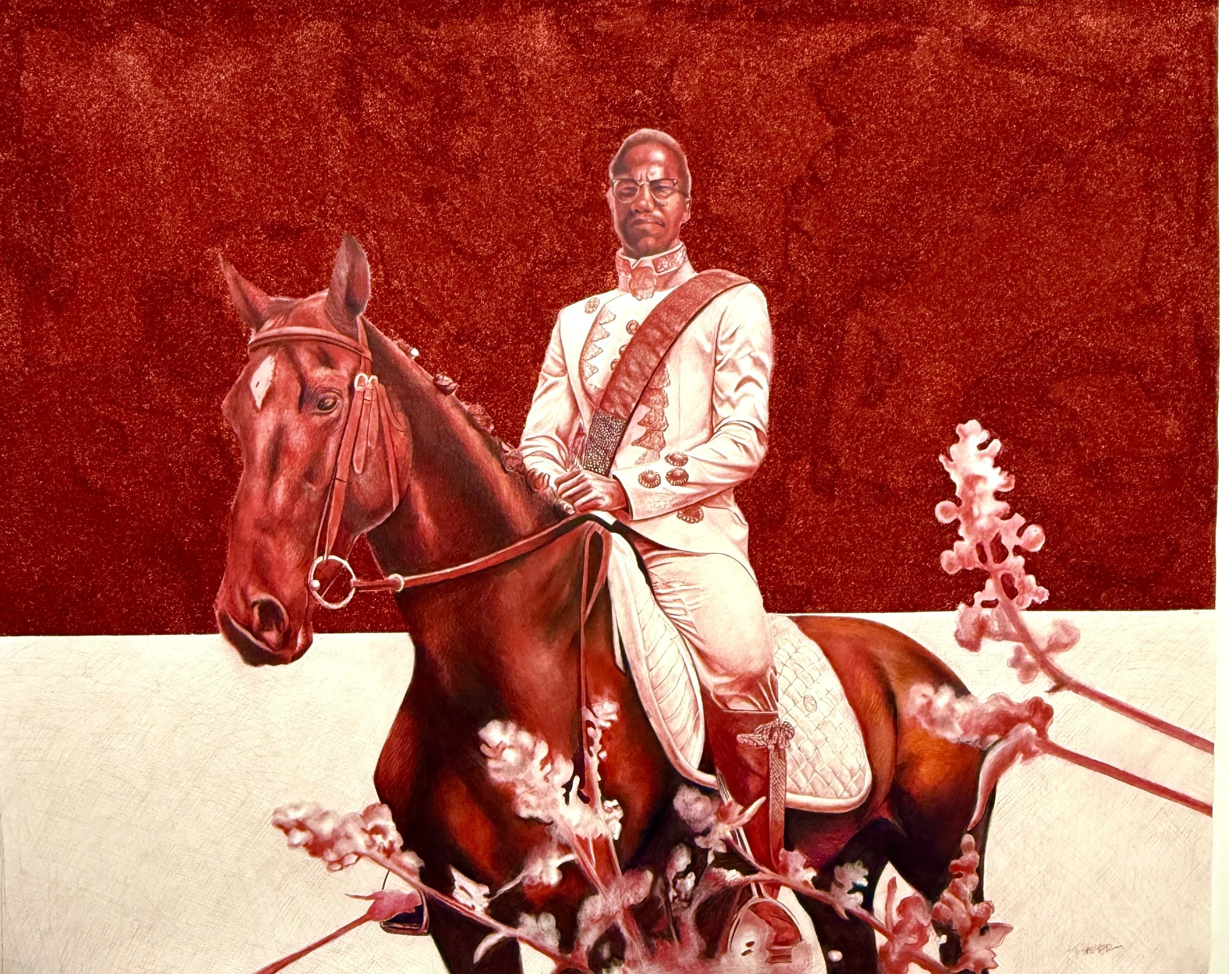  “Our Shinning Black Prince: Malcom X on a Horse”   64” x 52”   Mixed media on paper   2025  