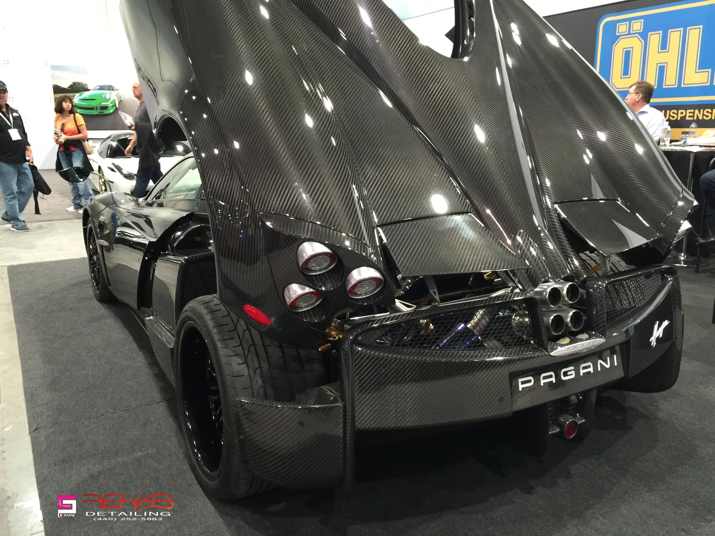 All carbon fiber Pagani Huayra chilling in the Ohlins booth