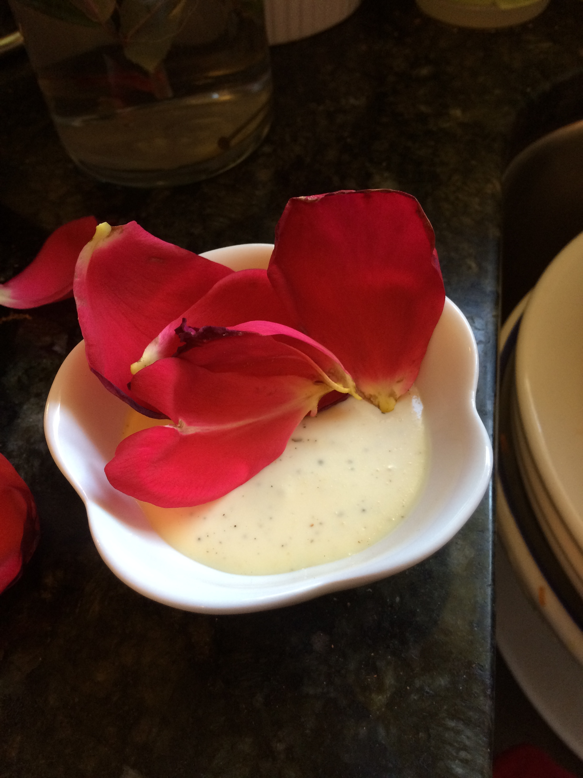Here's a photo of some rose petals that fell into a cup of ranch dressing. What's even better is that I later found this on my desk, put there as a romantic gesture. Twenty years of marriage, ladies.