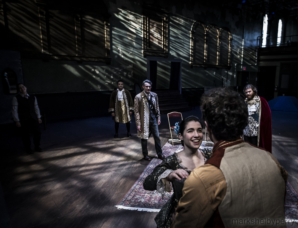 Back: Scarlet Maressa Rivera (Gerald), Ariel Estrada (Don Bernardo), Welland Scrips (Roderick), and Nolan Kennedy (Duke Angelo) Front: Montana Lampert Hoover (Leonora) and Zach Libresco (Juilo) © Mark Shelby Perry