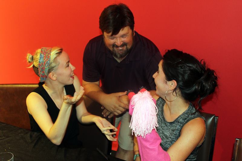 Montana chatting with Puppet Director Scott Hitz and Puppet Builder Katie McGeorge.
