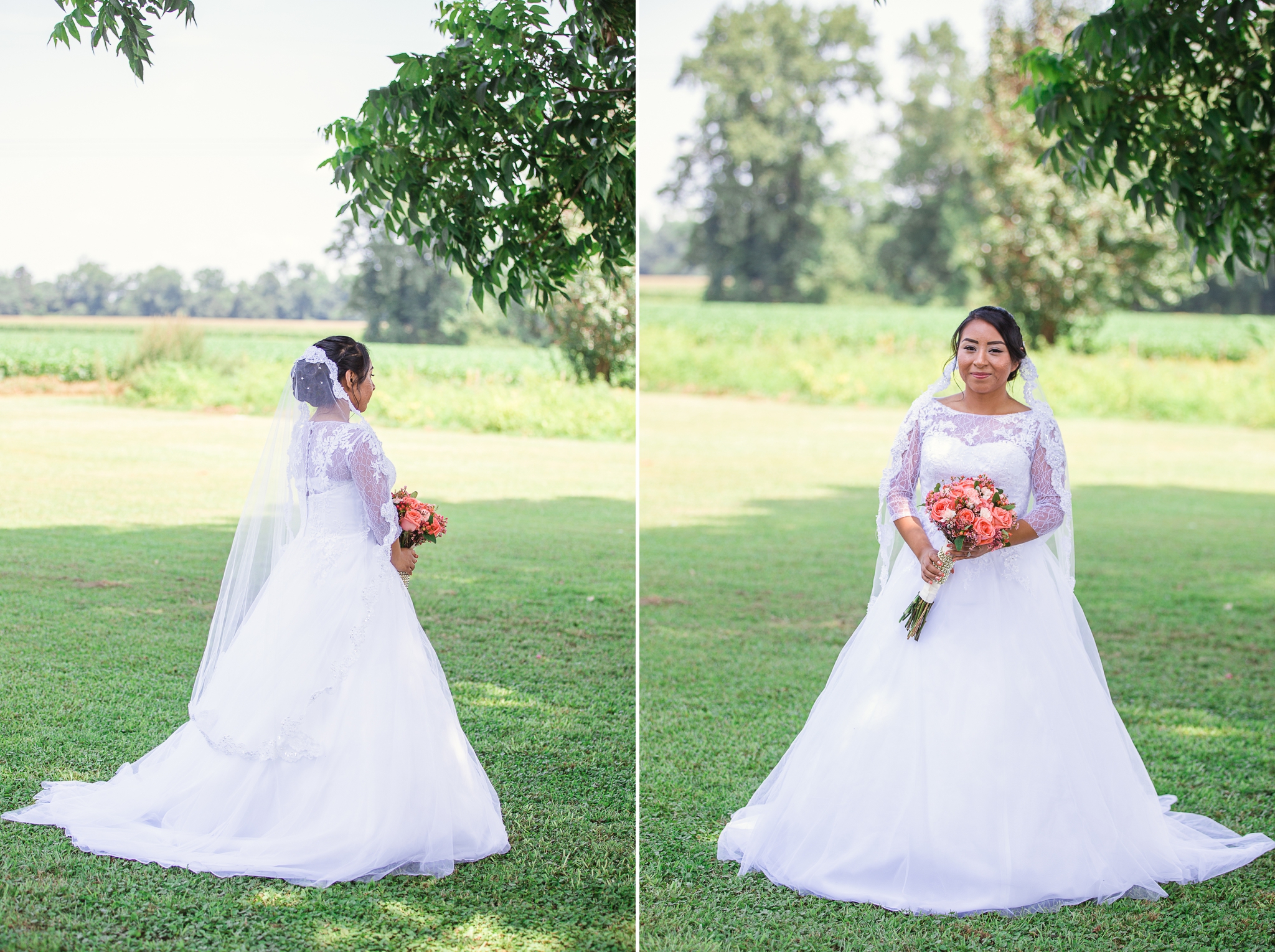 Bride in Davids Bridal Lace Wedding Dress with Roses St Pauls North Carolina Wedding Photography