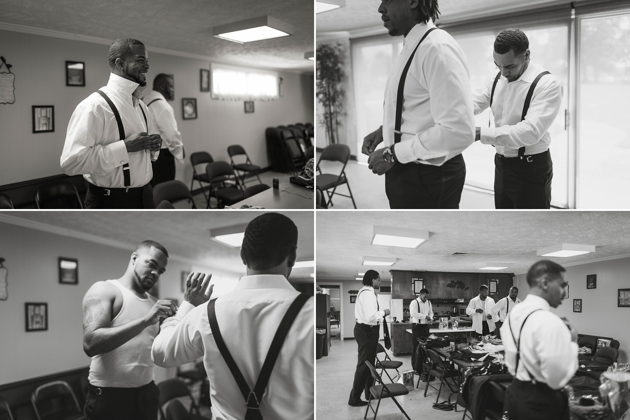 Groomsmen getting ready at fort bragg main post chapel for wedding