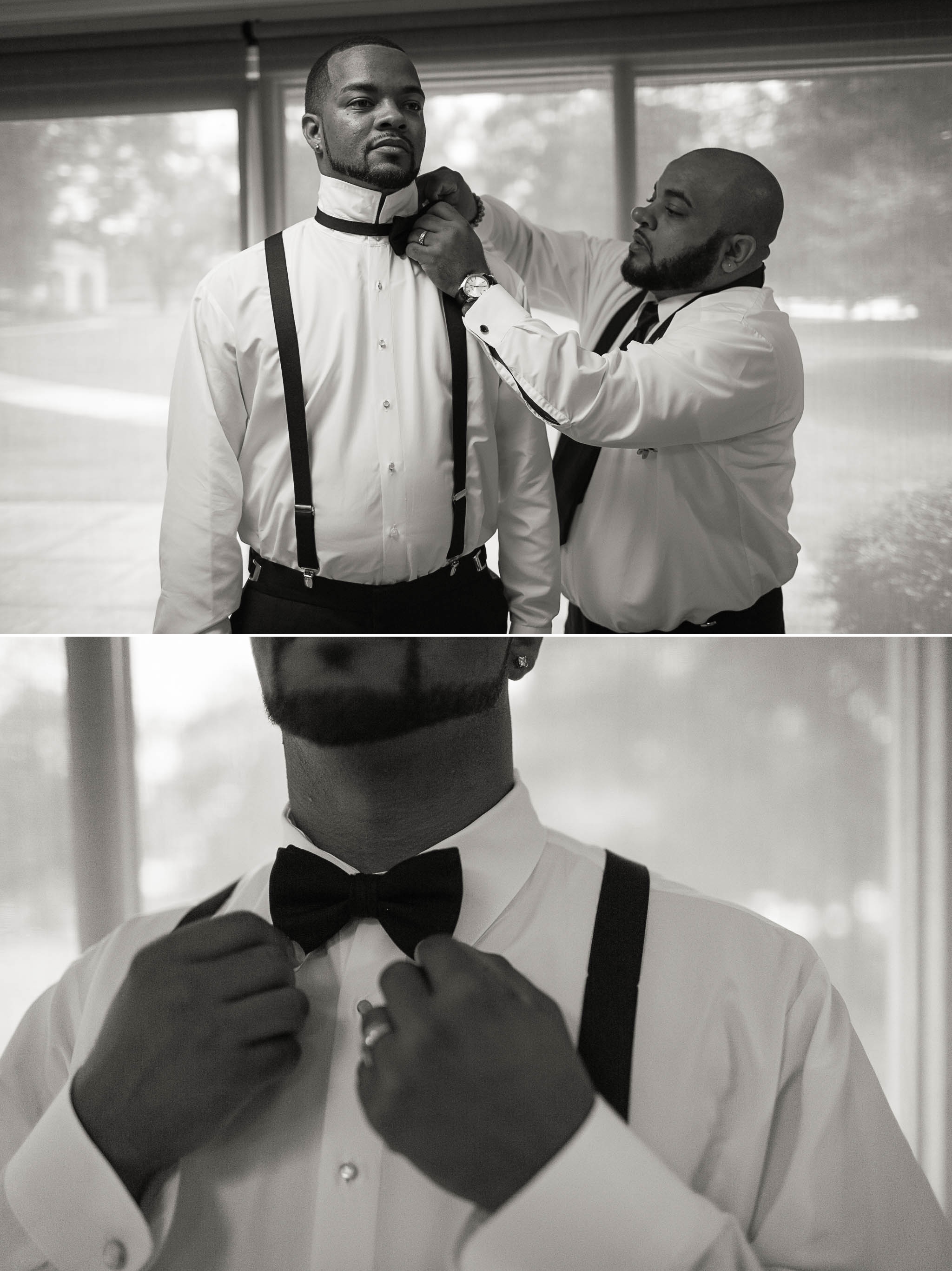 Groomsmen getting ready at fort bragg main post chapel for wedding