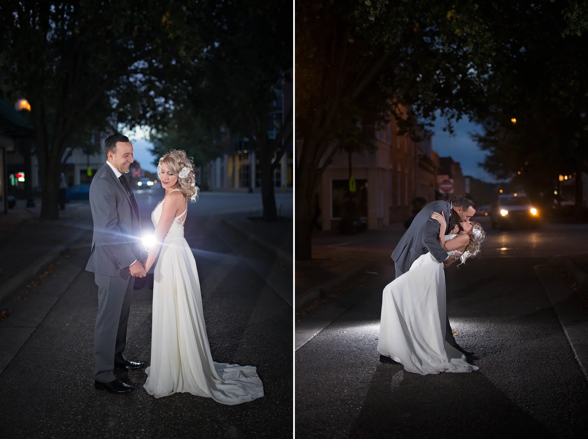 Wedding Portraits at Night in Downtown Fayetteville, NC using Speedlights OCF - Raleigh North Carolina Wedding Photographer