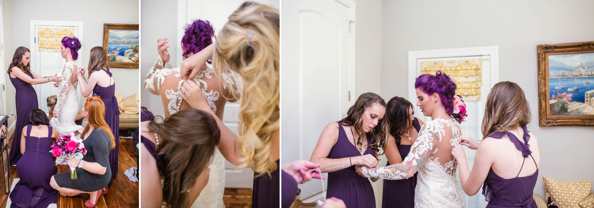 Bride getting ready and putting on her dress with her bridesmaids - Brittany + Jonathan - Raleigh North Carolina Wedding Photographer