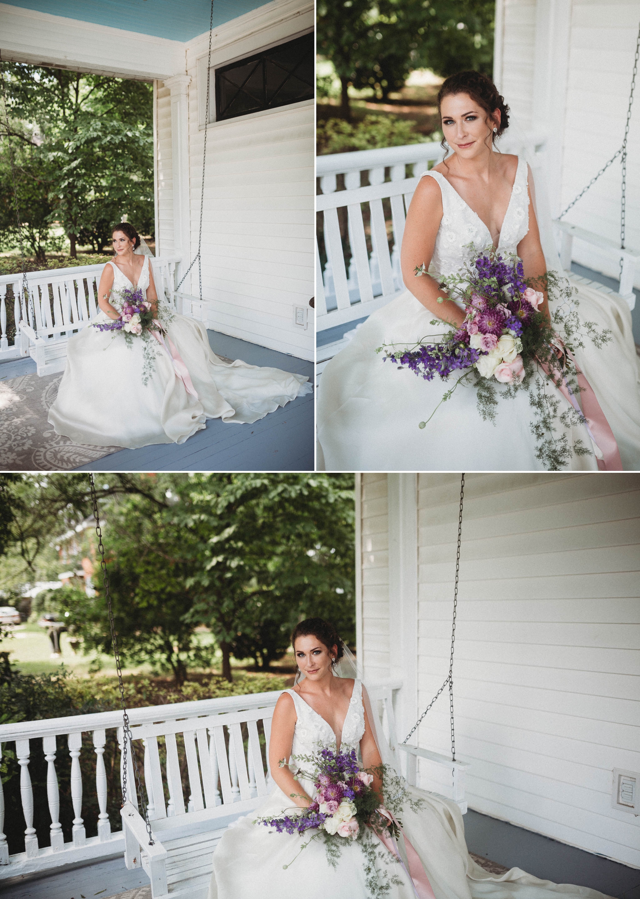 The bride on the porch swing of an old southern mansion Raleigh North Carolina Wedding Photographer