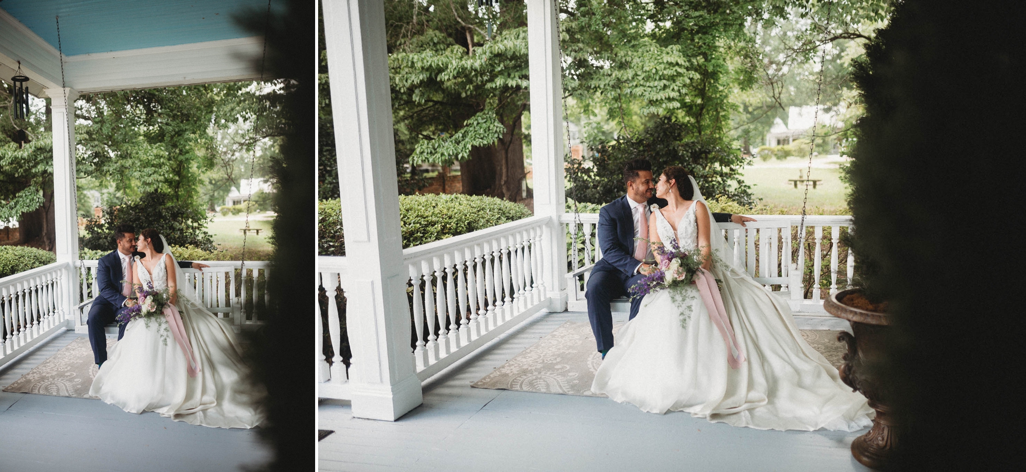 Portraits of Bride and groom on the swing of a southern mansion, Raleigh North Carolina Wedding Photographer