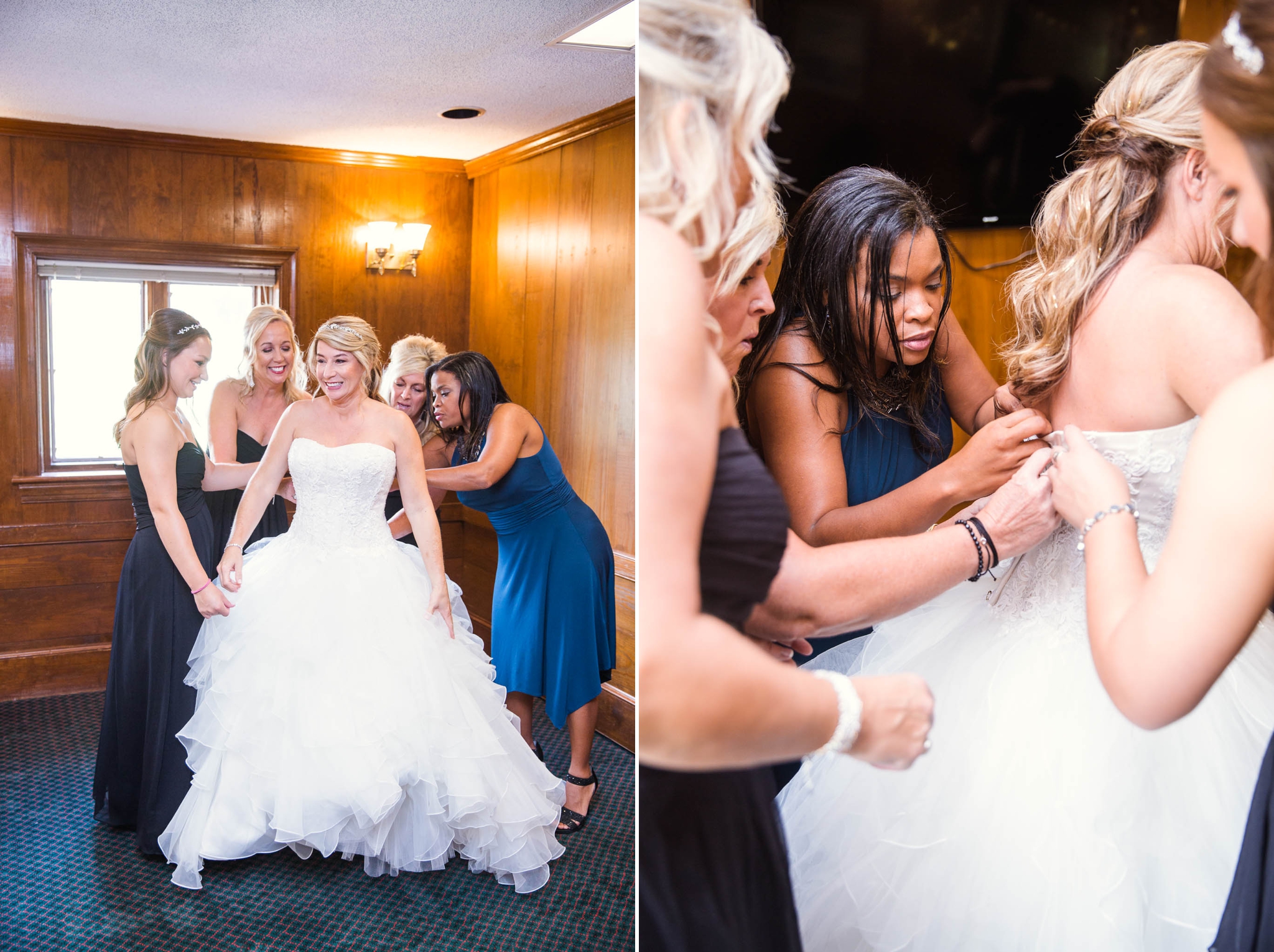 Bridesmaids helping the bride into the dress - Dona + Doug - MacGregor Downs Country Club in Cary, NC - Raleigh Wedding Photographer
