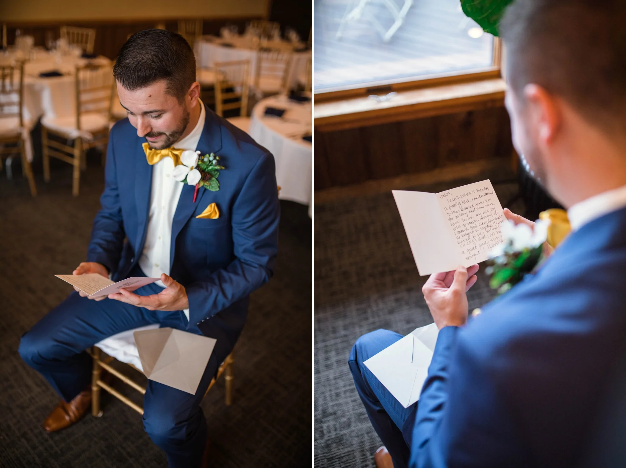 Groom reading the letter from his bride - Meredith + Jason - The Crest Center and Pavilion in Asheville, NC - Raleigh Wedding Photographer