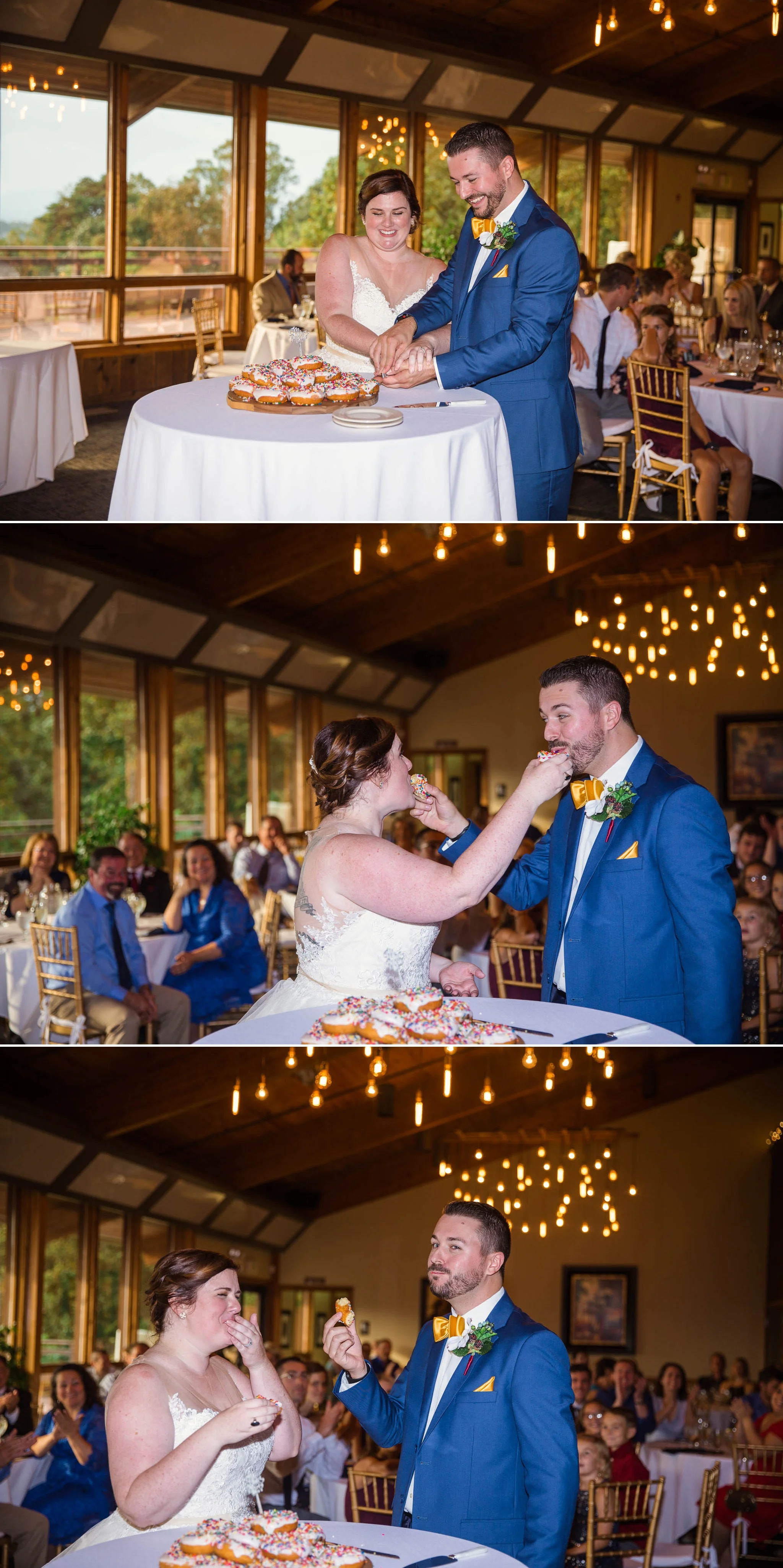 Bride and Groom cutting a donut - Meredith + Jason - The Crest Center and Pavilion in Asheville, NC - Raleigh Wedding Photographer