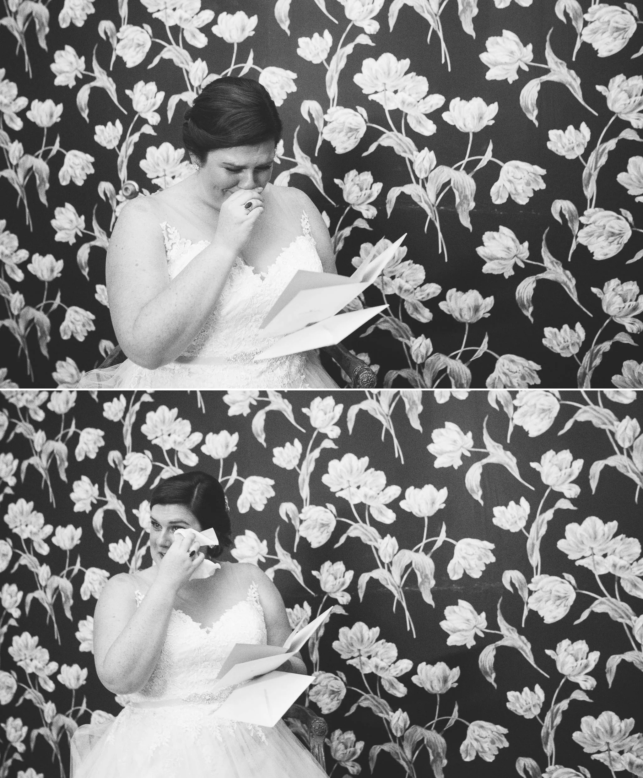 Bride crying as she is reading a letter from her groom - Meredith + Jason - The Crest Center and Pavilion in Asheville, NC - Raleigh Wedding Photographer