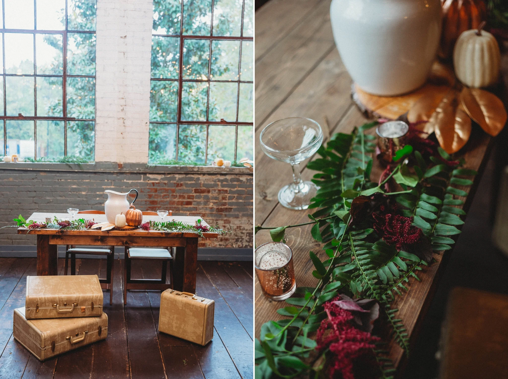 Sweetheart table decorated with vintage vases and suitcases, antiques - Brittany + Douglas - Forest Hall at Chatham Mills in Pittsboro, NC - Raleigh North Carolina Wedding Photographer
