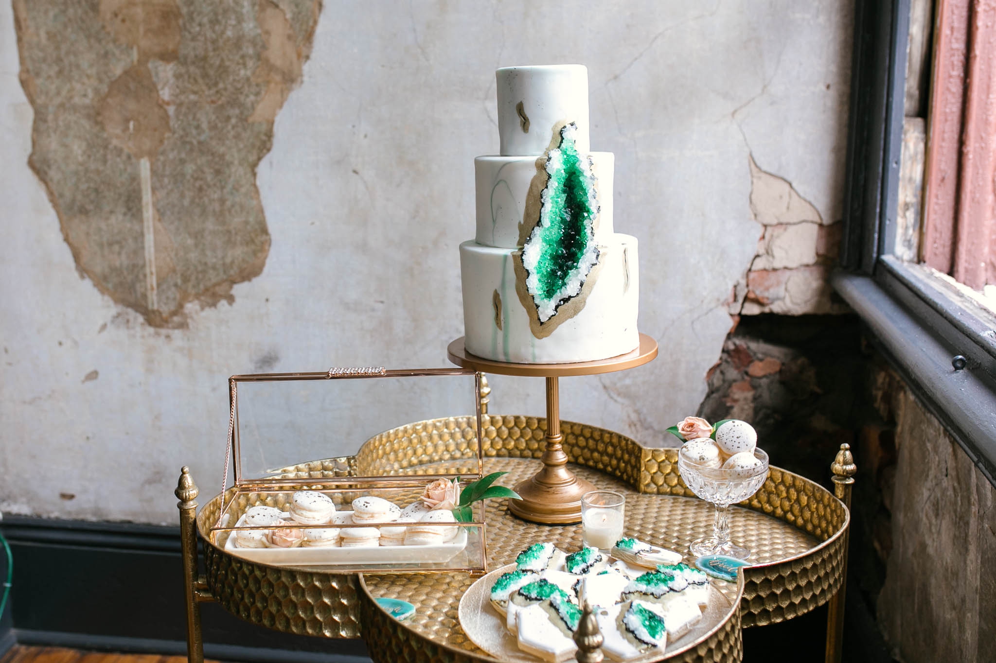 Wedding Desert Table with a Geode Wedding Cake, Macaroons and Geode Cookies in Emerald, Marble and Gold Colors - Oahu Hawaii Wedding Photographer