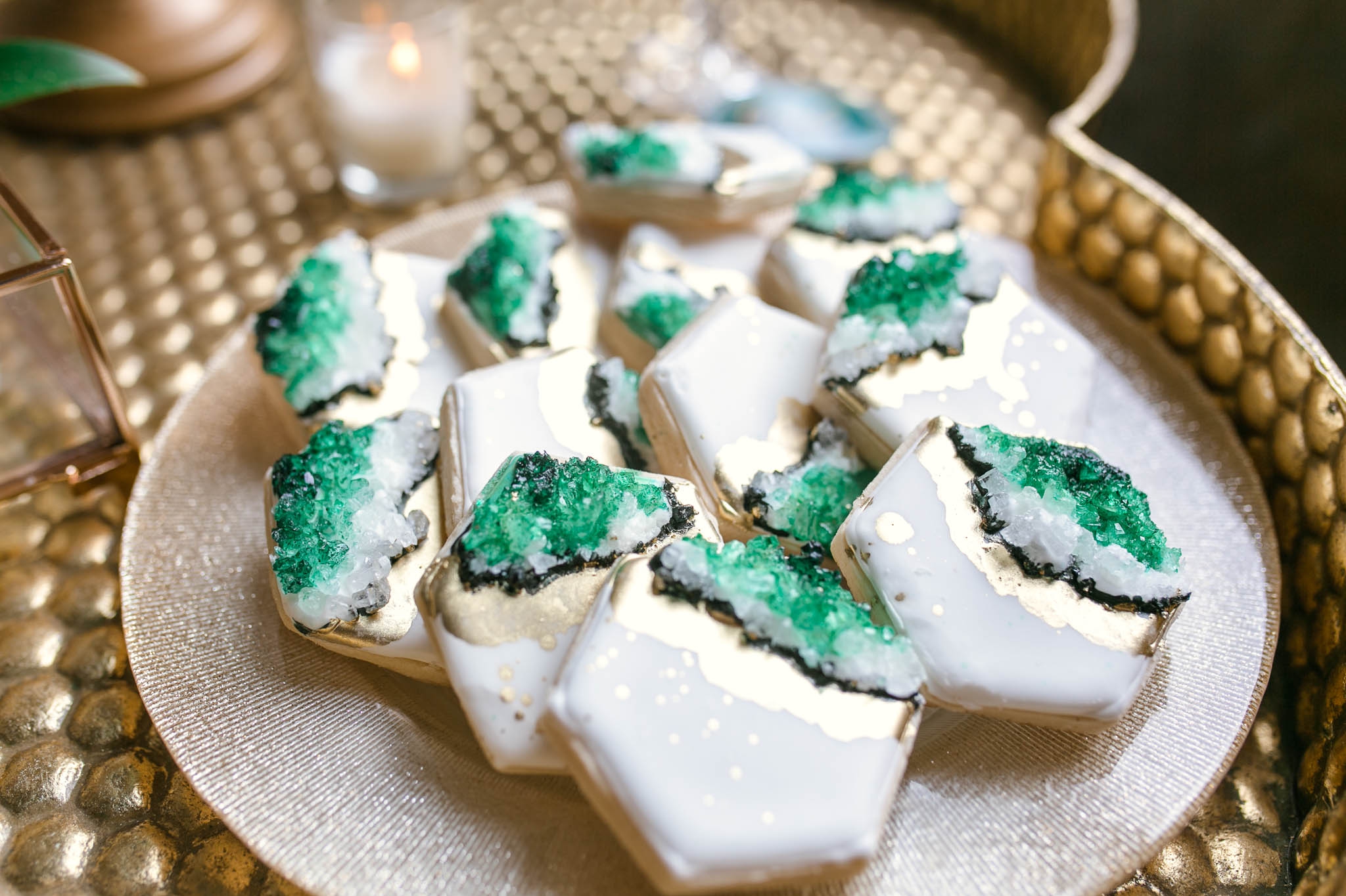 Wedding Favor Inspiration - Cookies with geode and rock crystals in emerald and green tones - oahu hawaii wedding photographer
