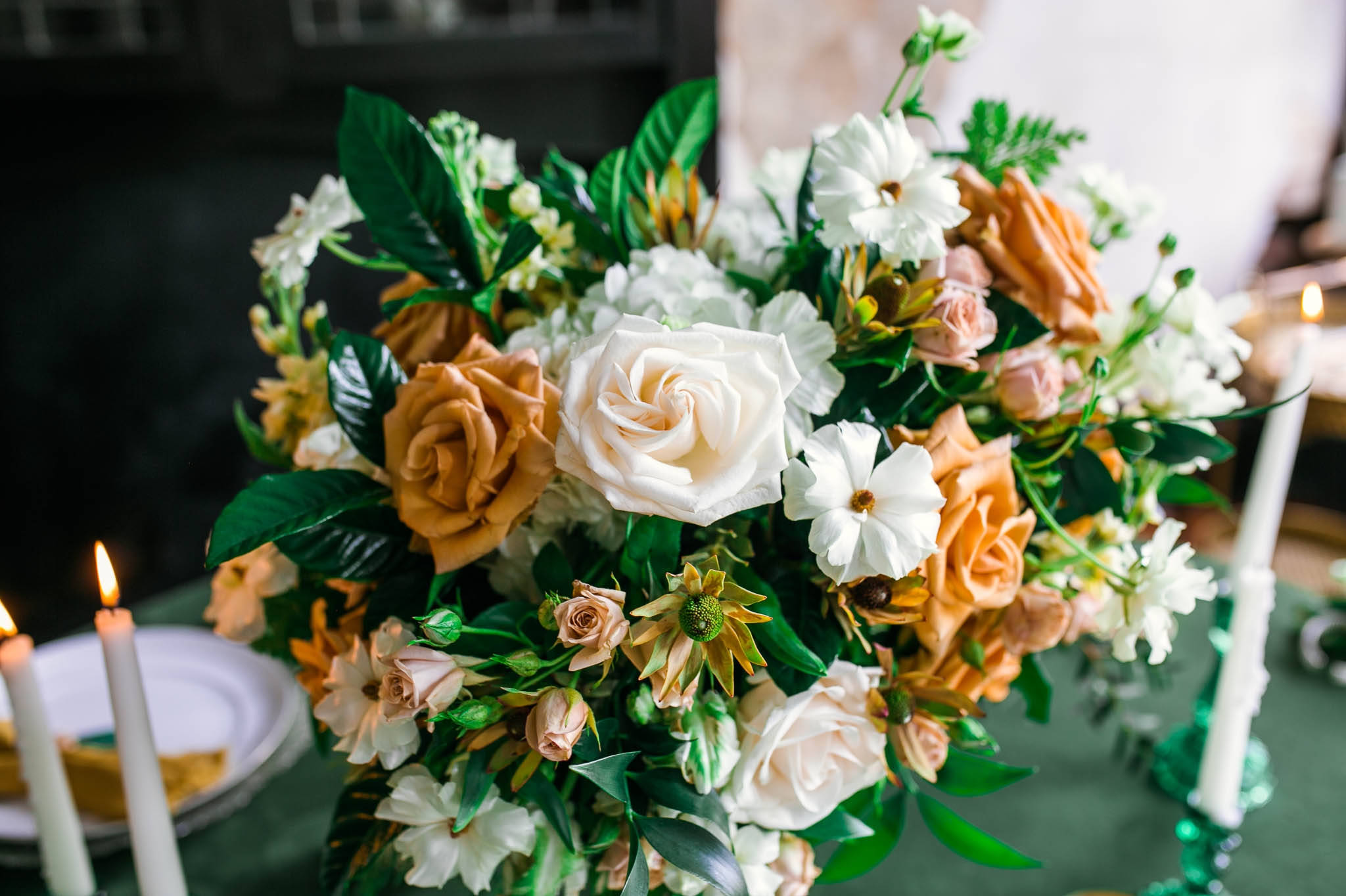 Green and Emerald Wedding Inspiration for the Guest Reception Tables - Close up of the Centerpiece - Oahu Hawaii Wedding Photographer