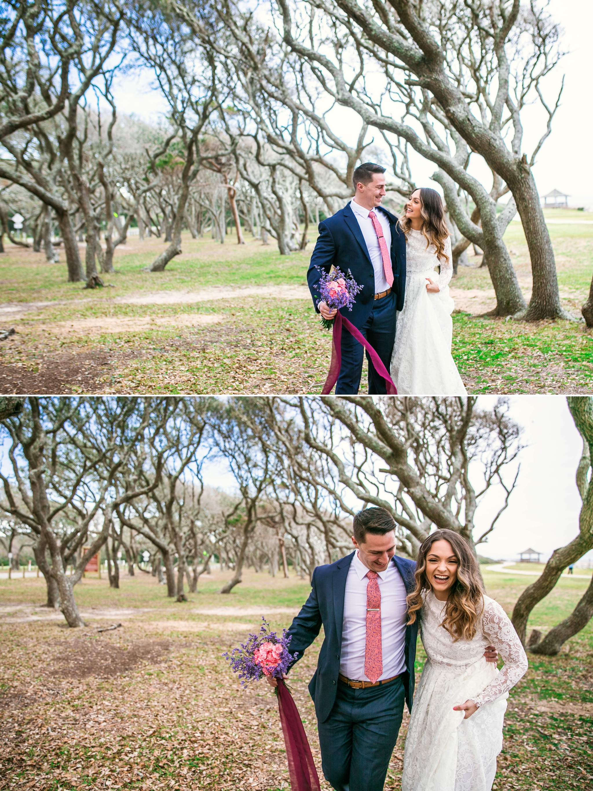 Beach Elopement Photography within the oak trees - dress by asos with purple and pink flowers and navy suit - oahu hawaii wedding photographer 