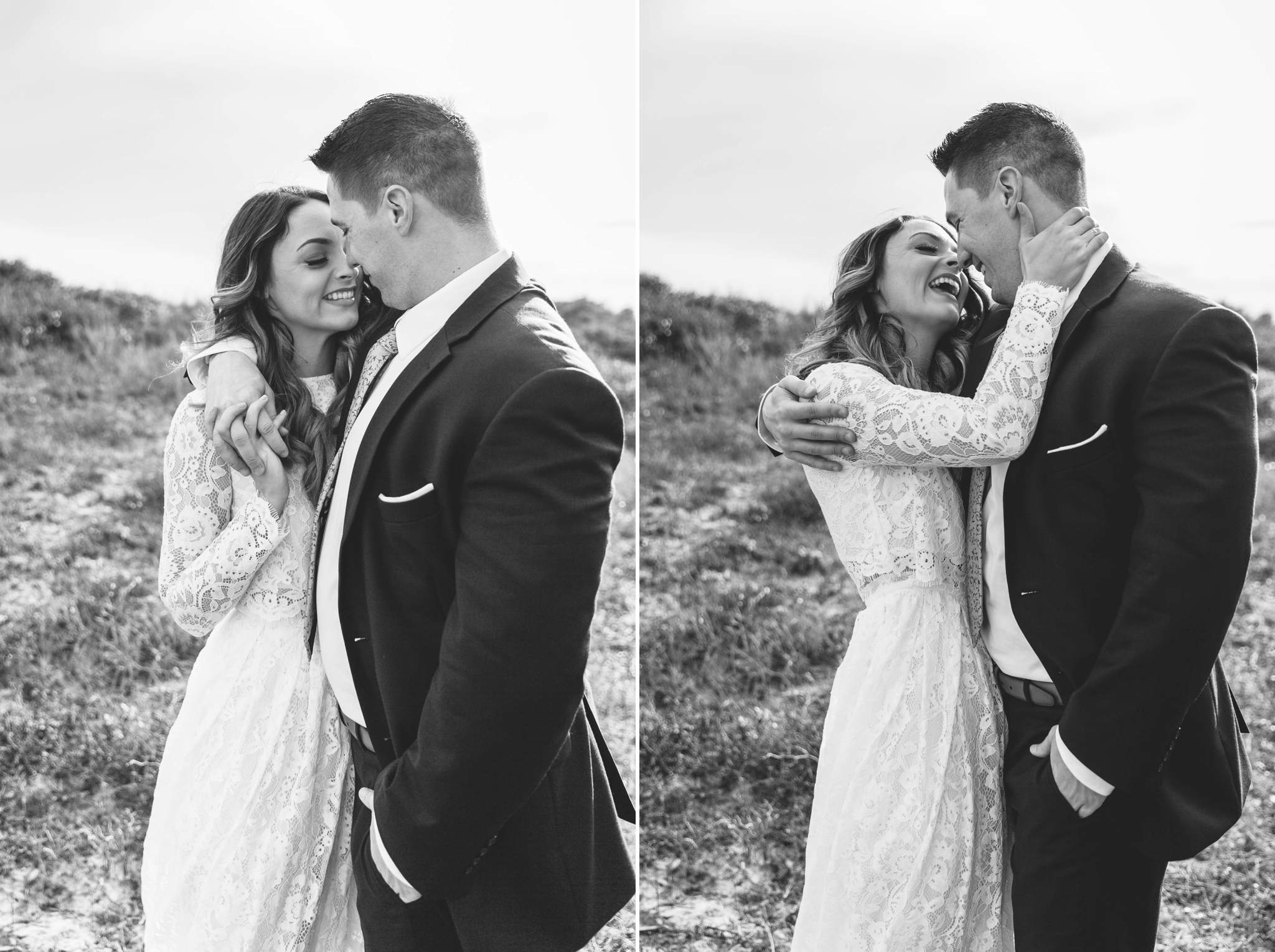Black and white portrait of bride and groom laughing and hugging - Beach Elopement Photography - wedding dress by asos with purple and pink flowers and navy suit - oahu hawaii wedding photographer